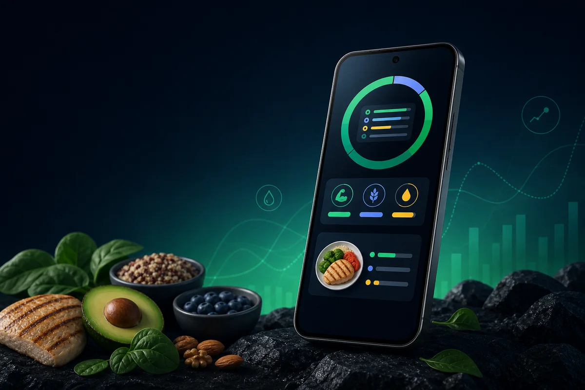 Nutrition app dashboard comparing calorie progress with protein, carbohydrate, and fat targets
