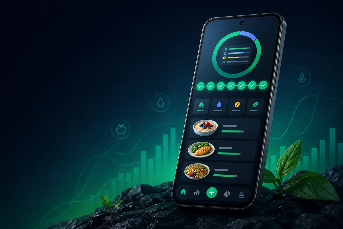 Nutrition tracking app showing a completed seven-day calorie logging streak