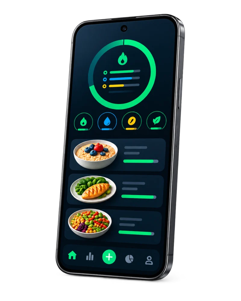 1calorie.ai nutrition tracking app shown on a smartphone with meal and progress dashboard